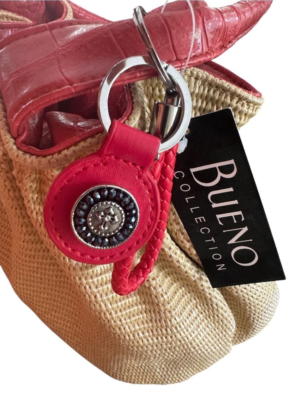 Vintage Bueno Y2K Woven Straw Gathered Hobo Bag Red Orange Faux Leather Rosette - Picture 2 of 8